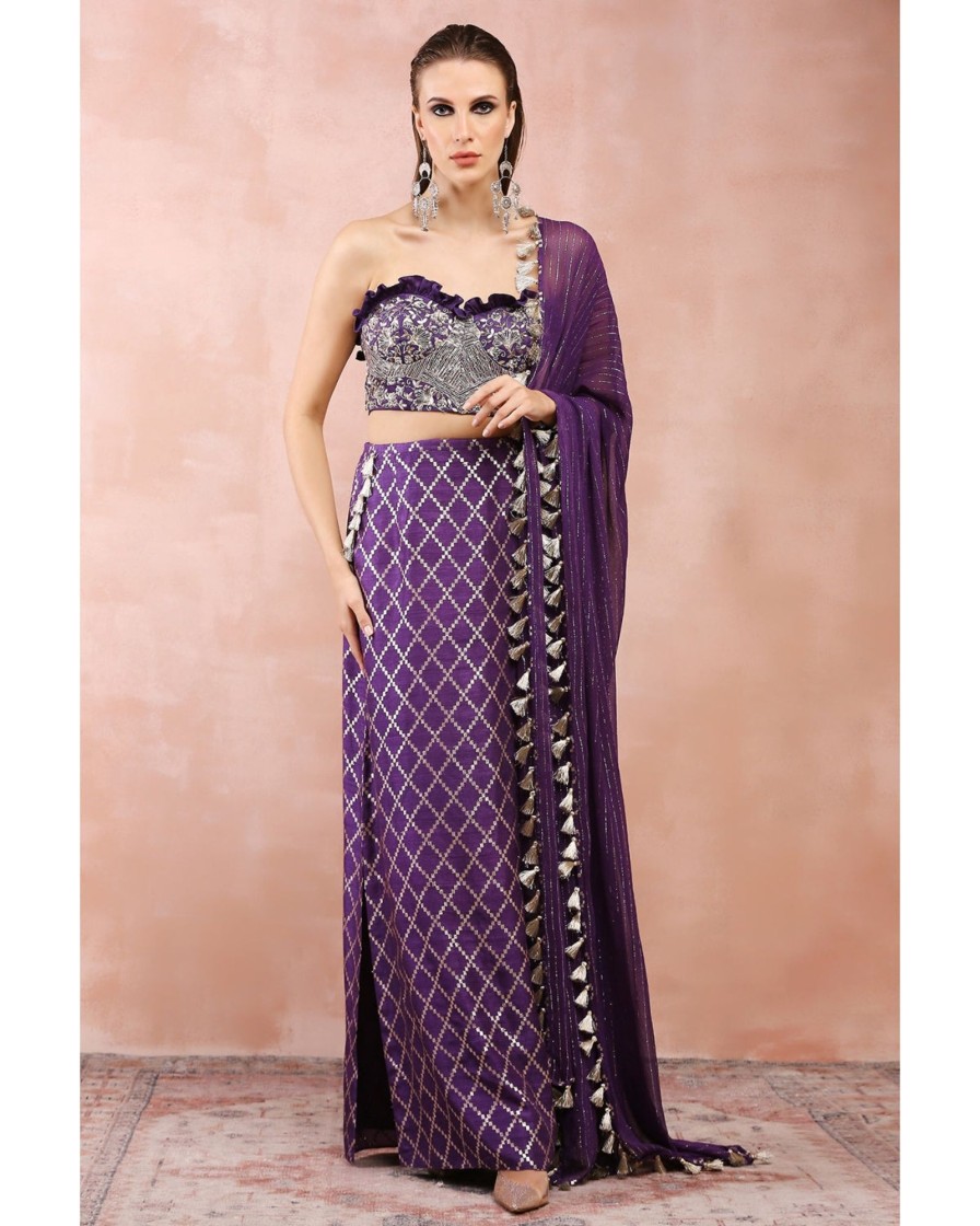 Womens Payal Singhal | Purple Embroidered Corset Bustier With Skirt And Dupatta