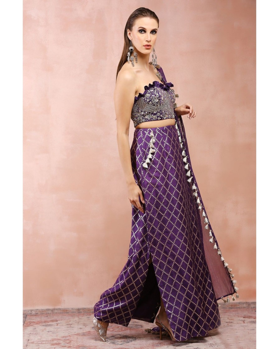 Womens Payal Singhal | Purple Embroidered Corset Bustier With Skirt And Dupatta