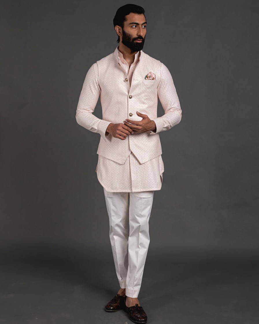 Mens Arjan Dugal | Pink Chanderi Silk Embroidered Kurta Set