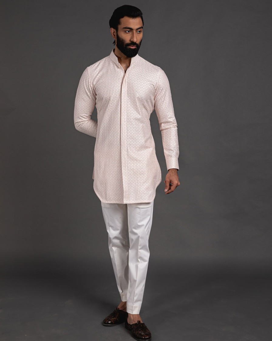 Mens Arjan Dugal | Pink Chanderi Silk Embroidered Kurta Set