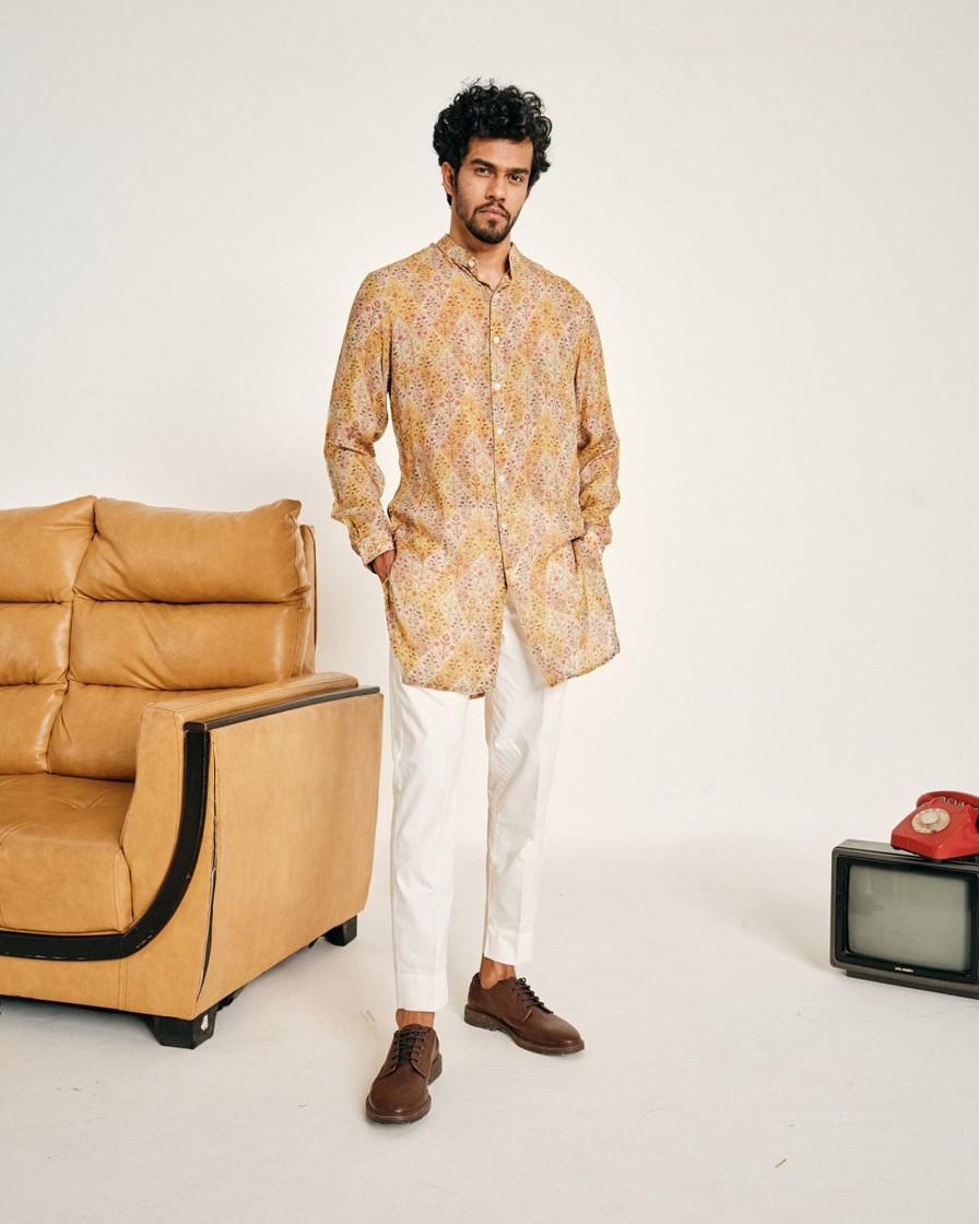 Mens Project Bandi | Cream And Yellow Gul Malai Cotton Kurta Pajama Set