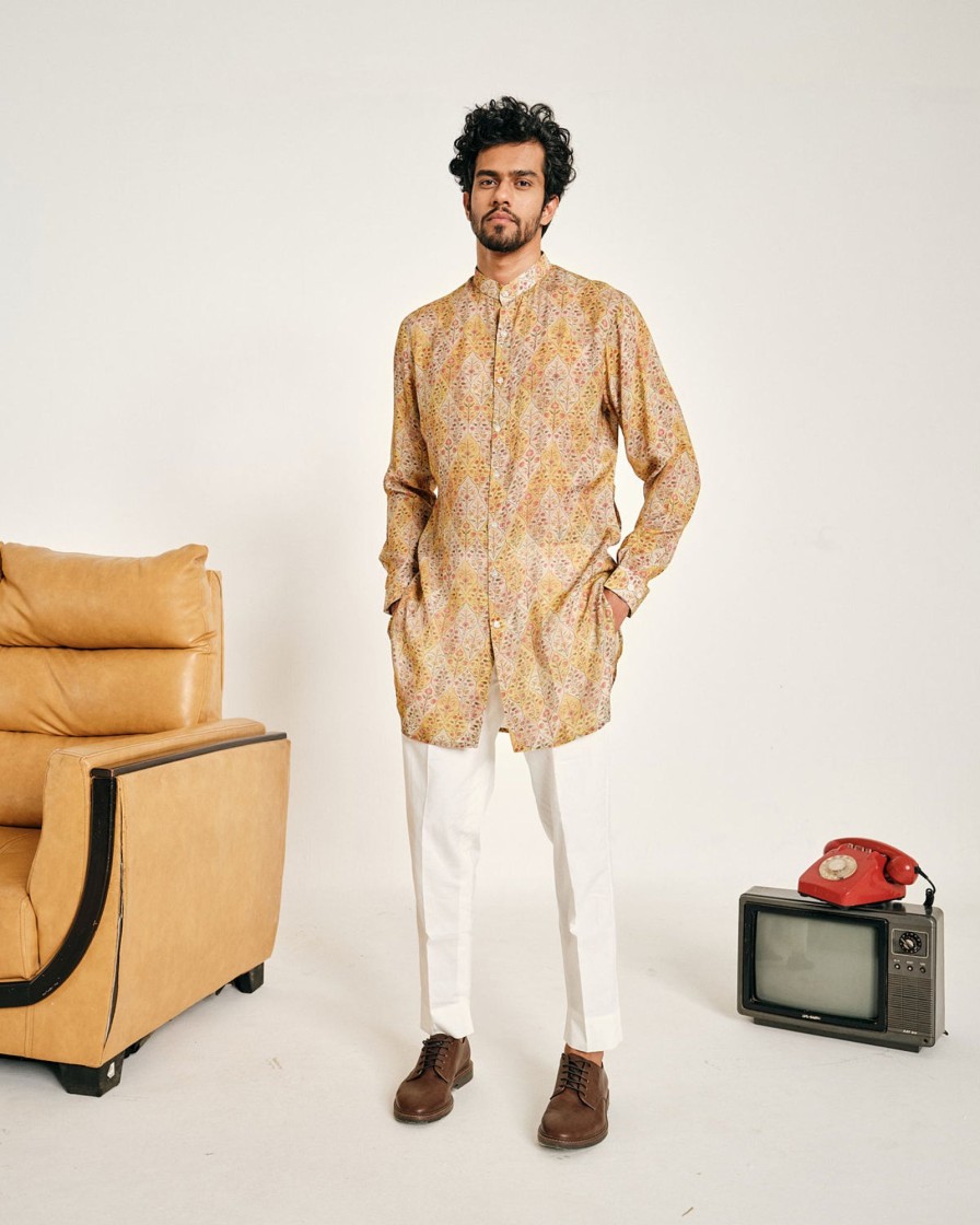 Mens Project Bandi | Cream And Yellow Gul Malai Cotton Kurta Pajama Set