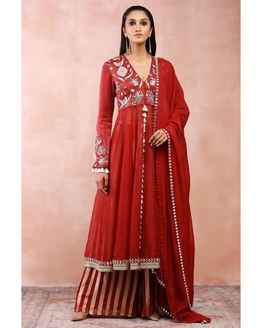 Womens Payal Singhal | Maroon Embroidered Anarkali With Palazzo And Dupatta