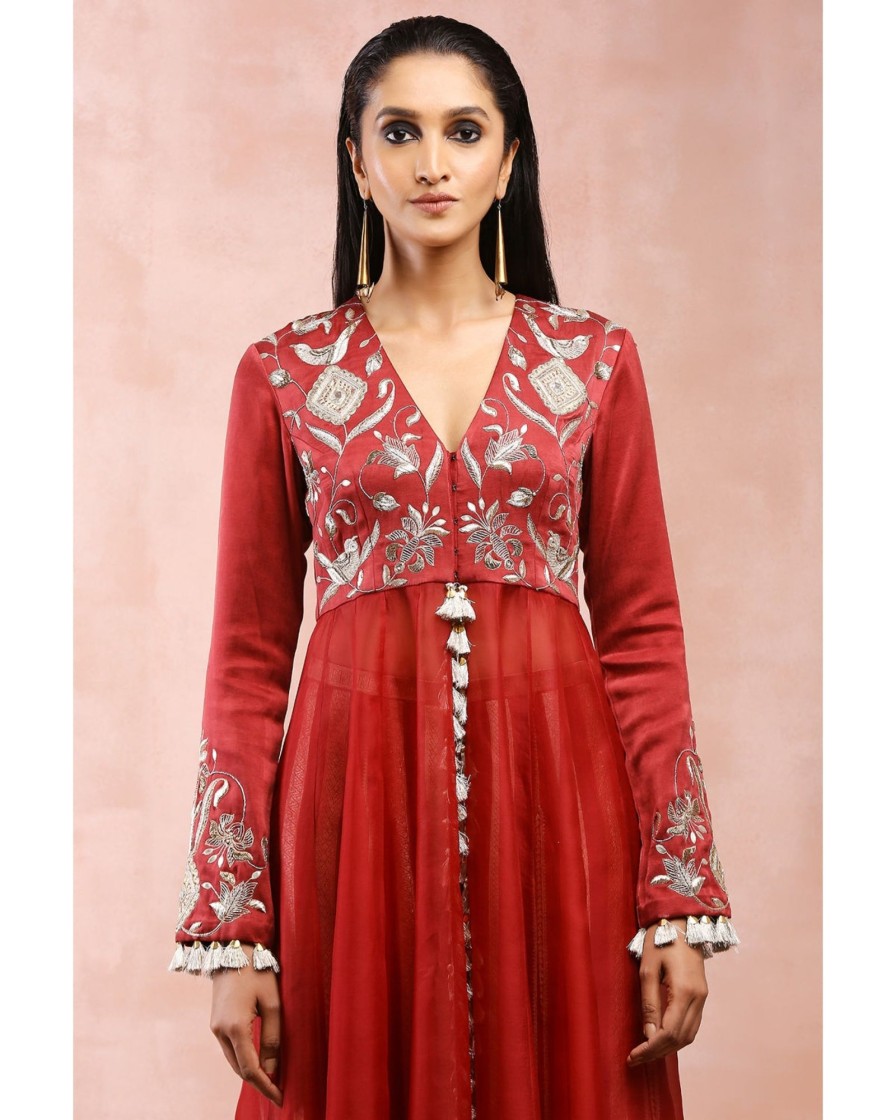 Womens Payal Singhal | Maroon Embroidered Anarkali With Palazzo And Dupatta