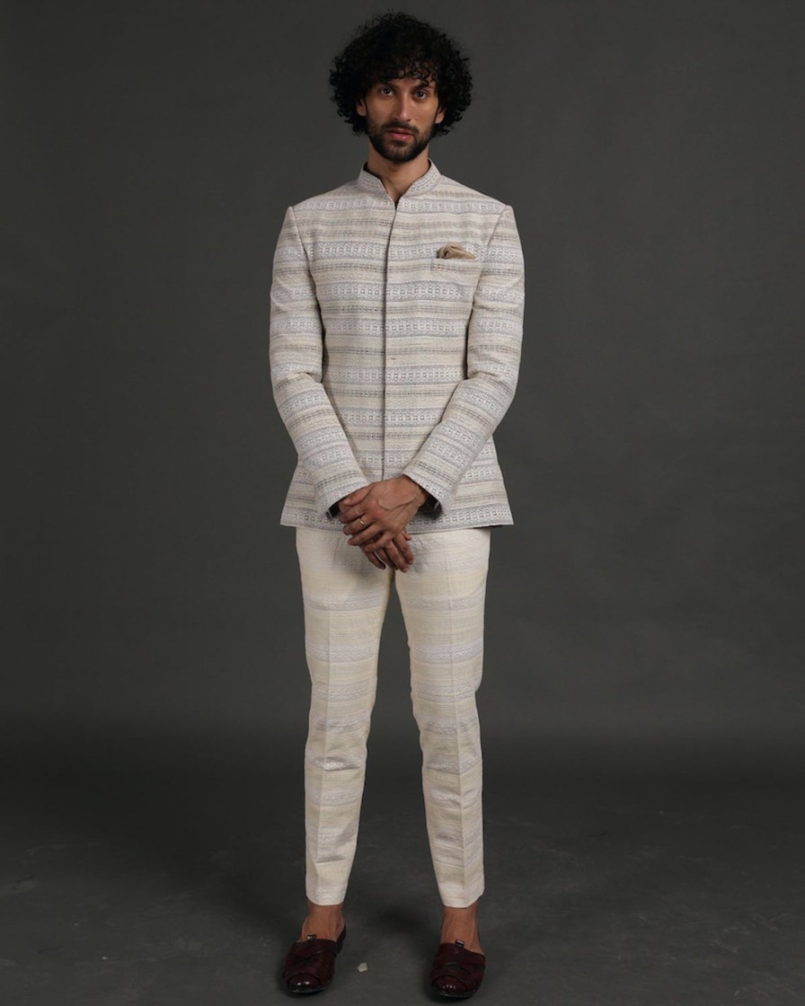 Mens Arjan Dugal | Off White Silk Bandhgala Pant Set