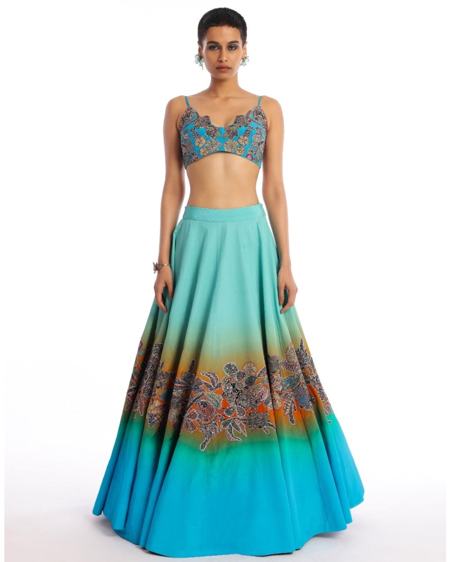 Womens Aisha Rao | Teal Sky Blue Twin Flame Lehenga Set