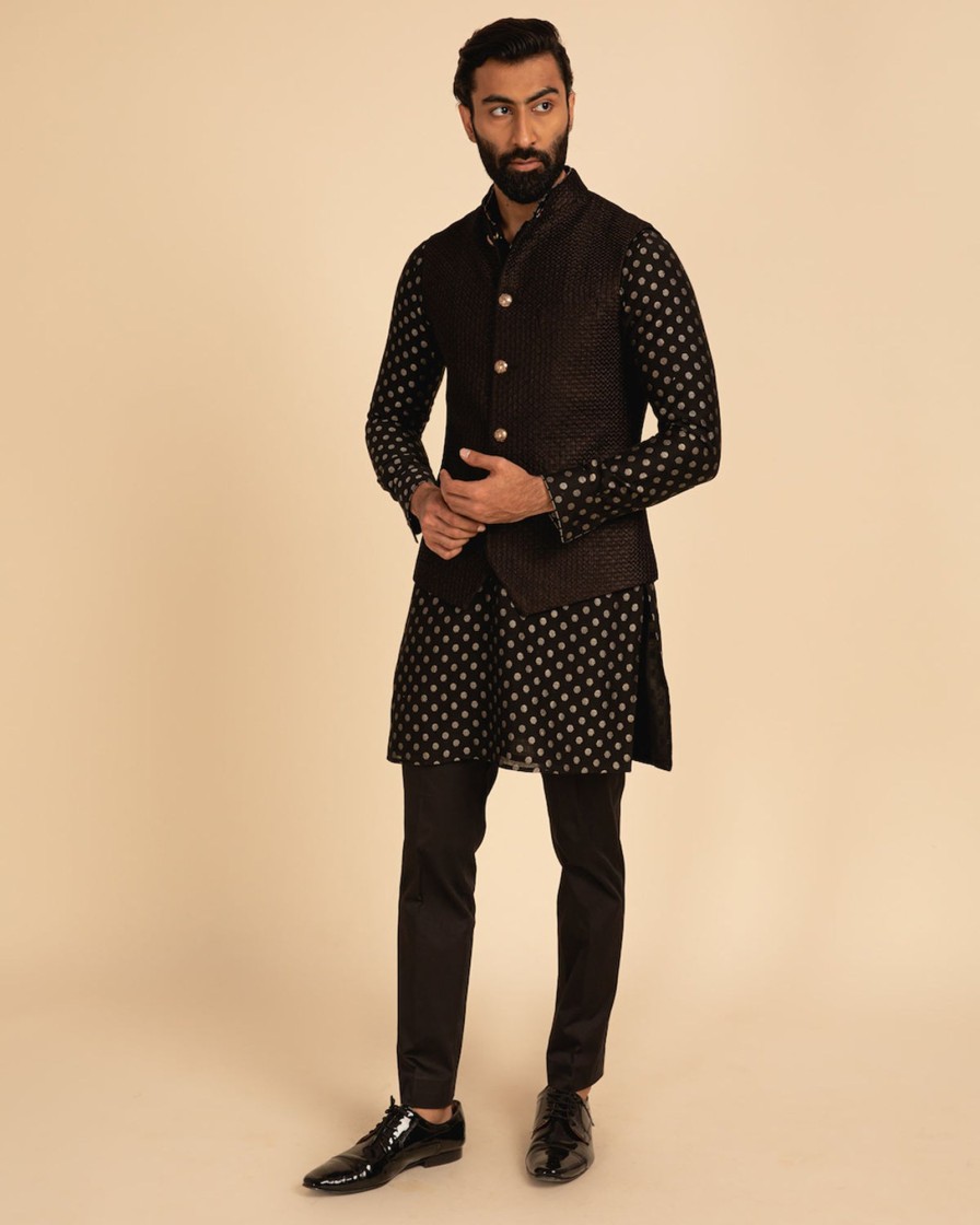 Mens Arjan Dugal | Black Banarasi Silk Kurta Set