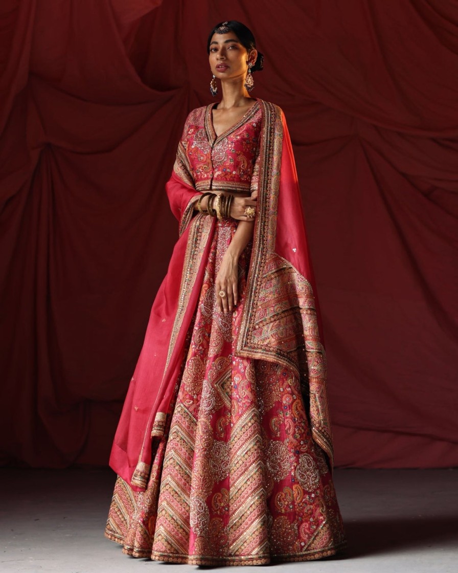 Bridal Petticoat Lane | Pink Chevron Embroidered Lehenga Set