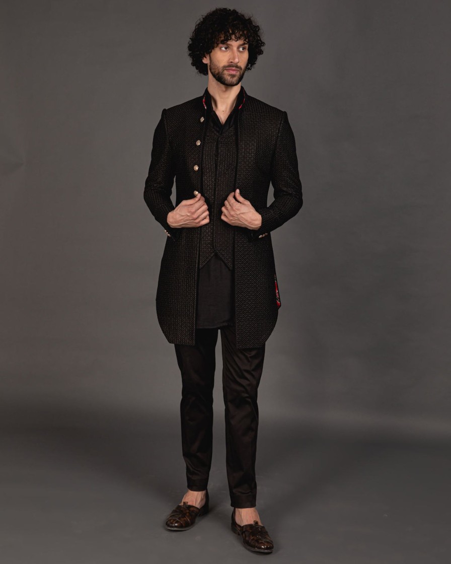 Mens Arjan Dugal | Black Chanderi Silk Embroidered Full Achkan Set