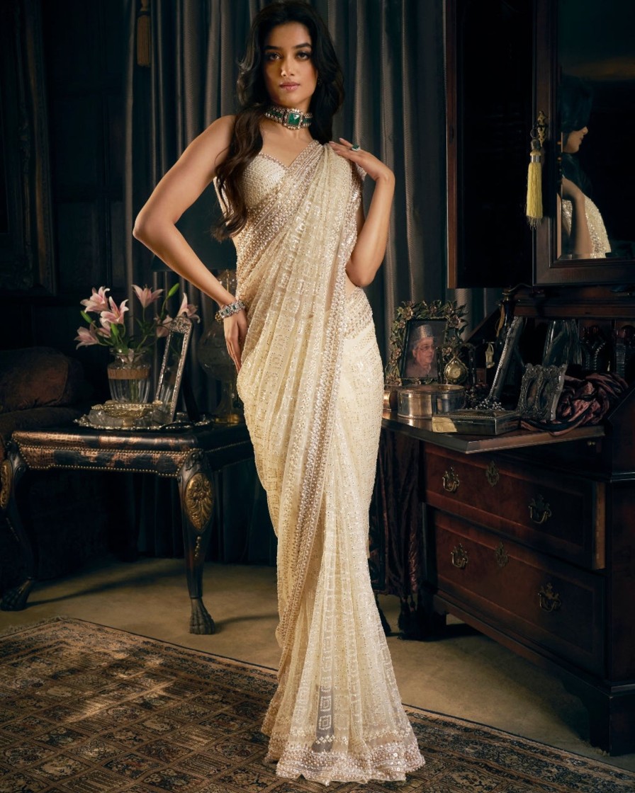 Womens Seema Gujral | Ivory Gold Net Sari Set