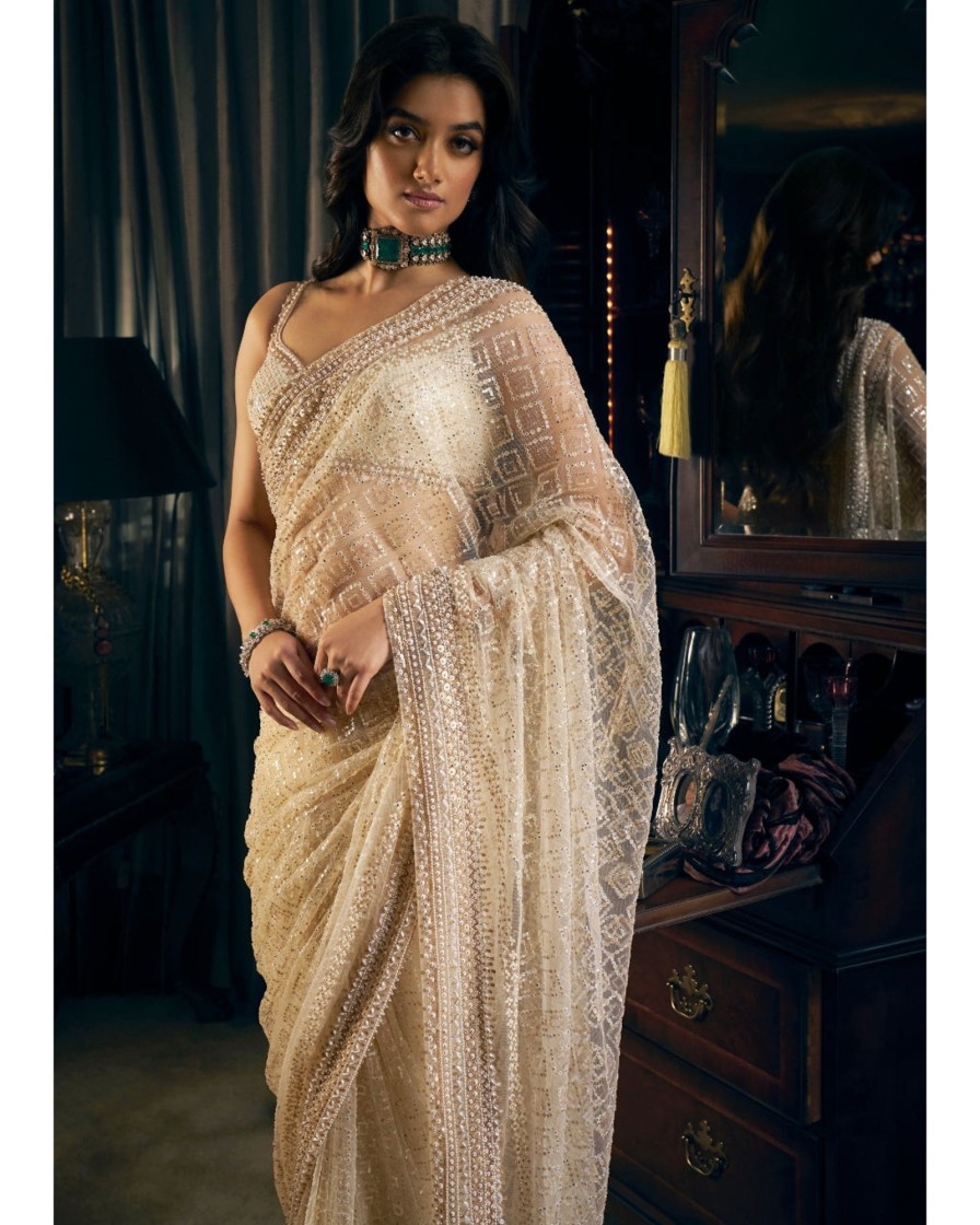 Womens Seema Gujral | Ivory Gold Net Sari Set