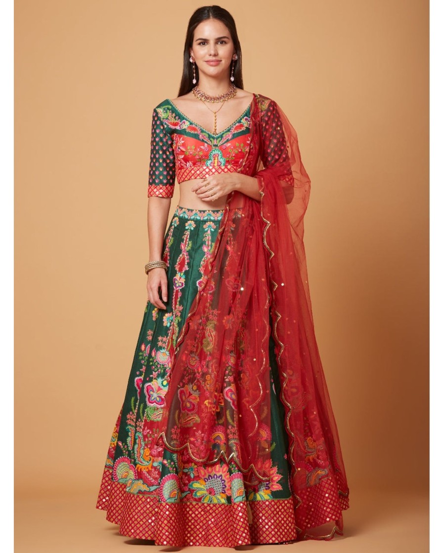 Womens Siddhartha Bansal | Green-Red Embroidered Lehenga Set