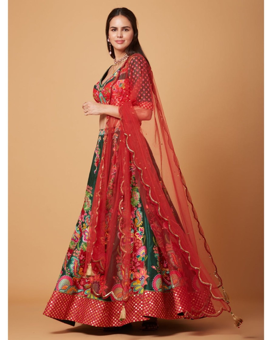 Womens Siddhartha Bansal | Green-Red Embroidered Lehenga Set