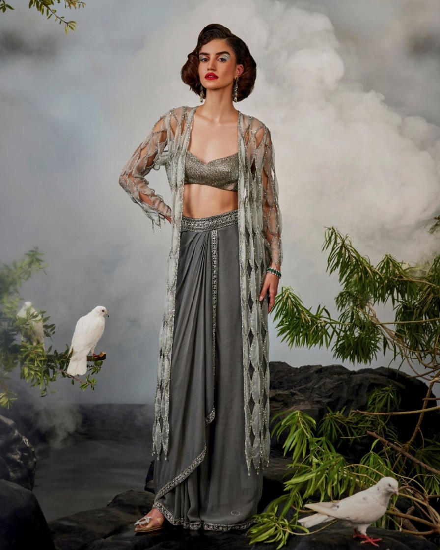 Womens Esha Sethi Thirani | Grey Cutwork Jacket Set