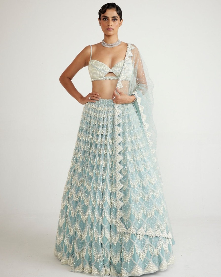 Womens Vvani by Vani Vats | Powder Blue Chandelier Pearl Drop Lehenga Set