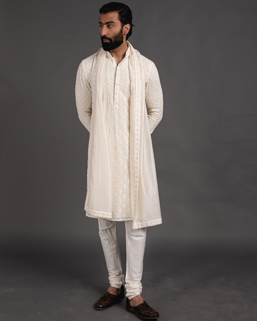 Mens Arjan Dugal | Off White Churidaar With Kurta Set