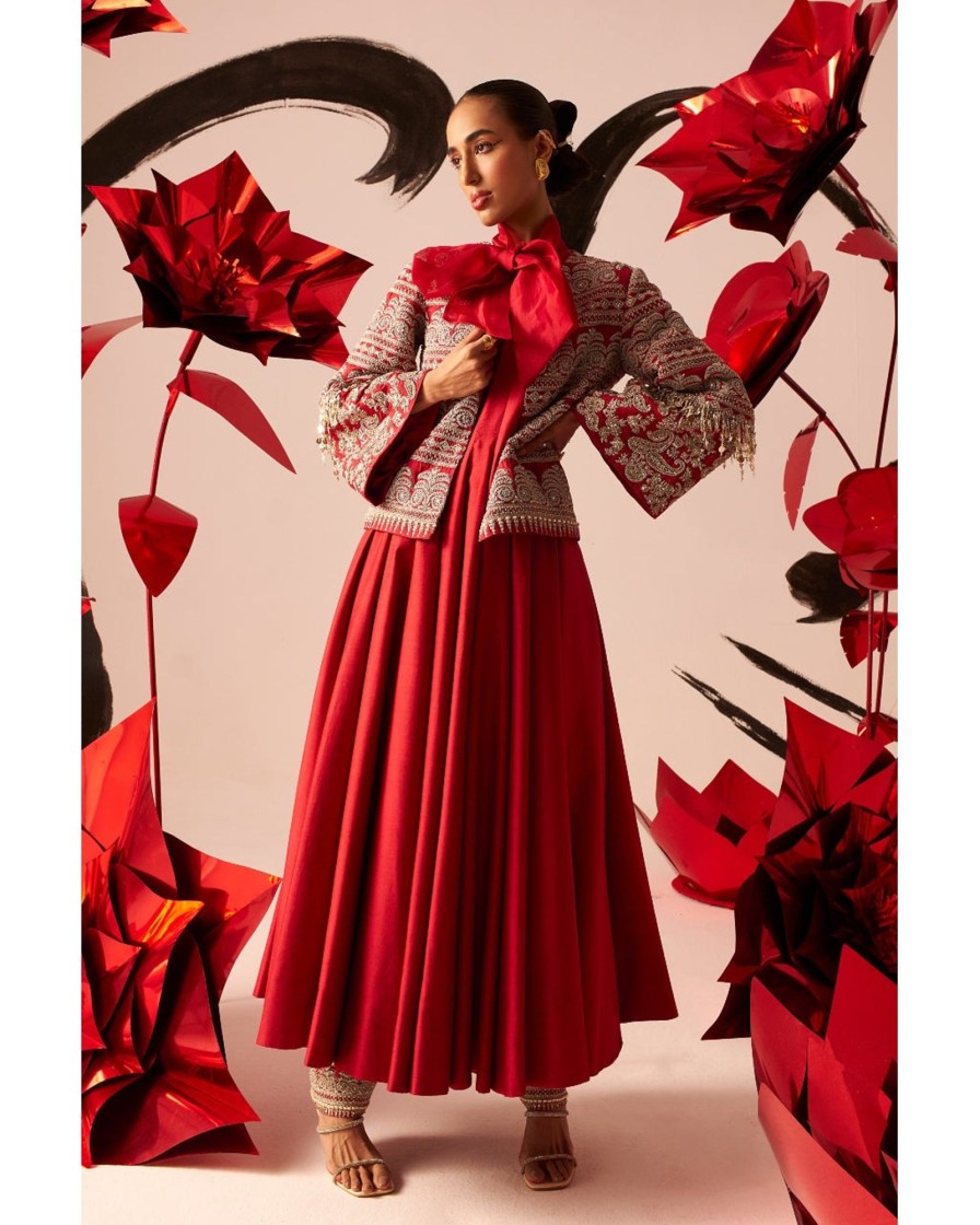 Womens Bhumika Sharma | Retro Red Bow Anarkali With Jacket Set