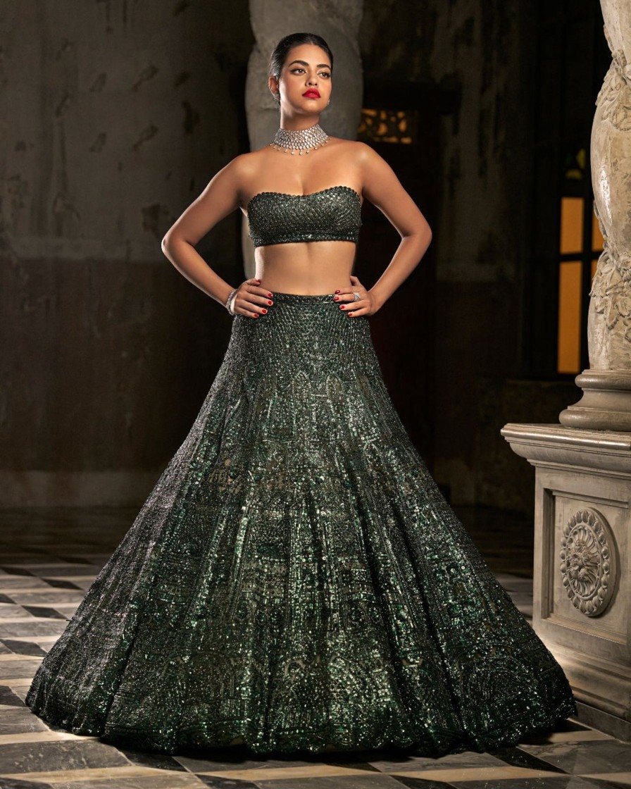 Bridal Seema Gujral | Emerald Green Sequin Lehenga Set