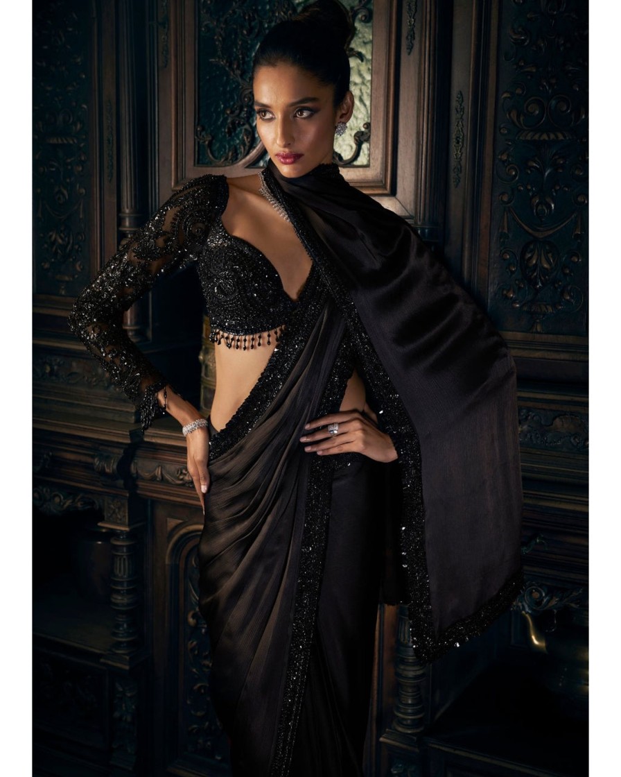 Womens Seema Gujral | Black Stitched Sari Set