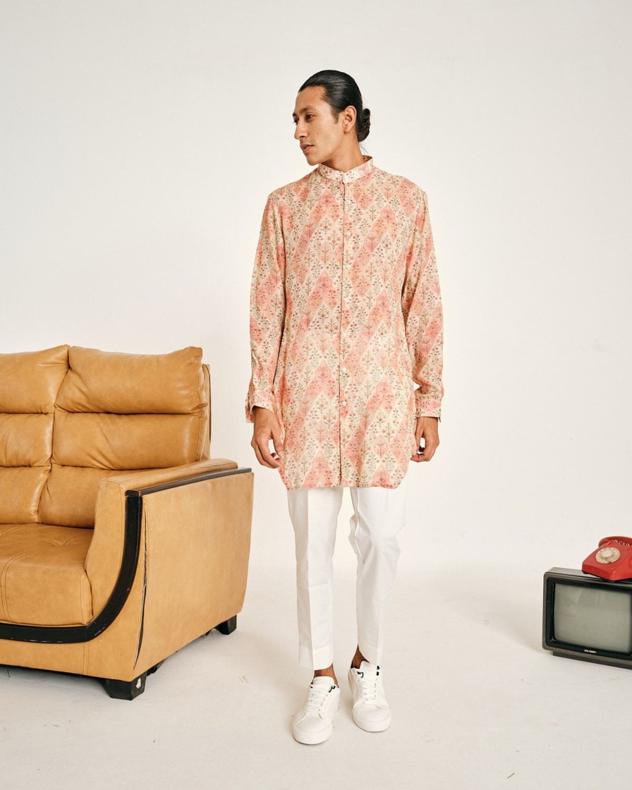 Mens Project Bandi | Cream And Peach Gul Malai Cotton Kurta Pajama Set