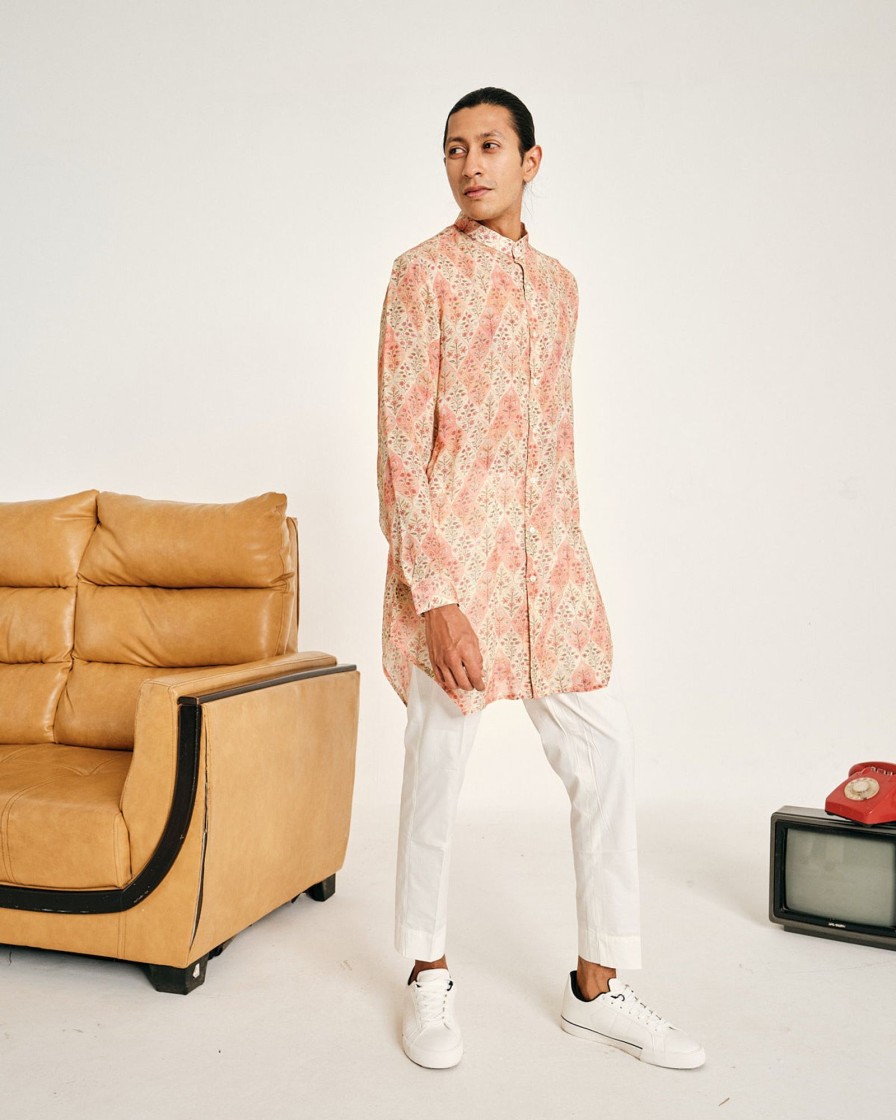 Mens Project Bandi | Cream And Peach Gul Malai Cotton Kurta Pajama Set