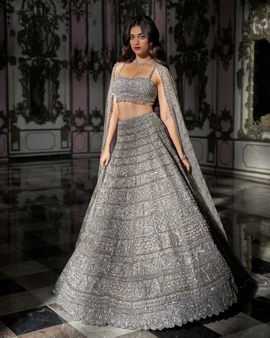 Bridal Seema Gujral | Antique Silver Lehenga Set