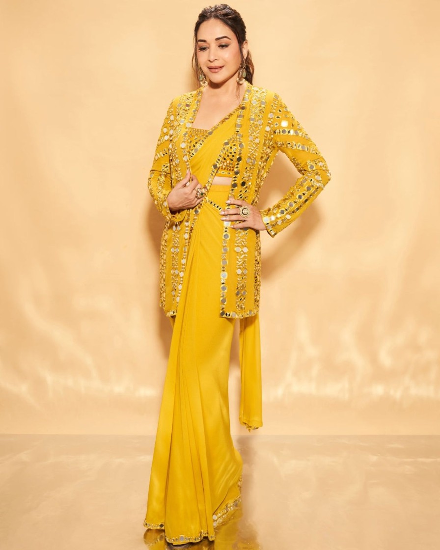 Womens Seema Gujral | Yellow Mirror Work Stitched Sari Set