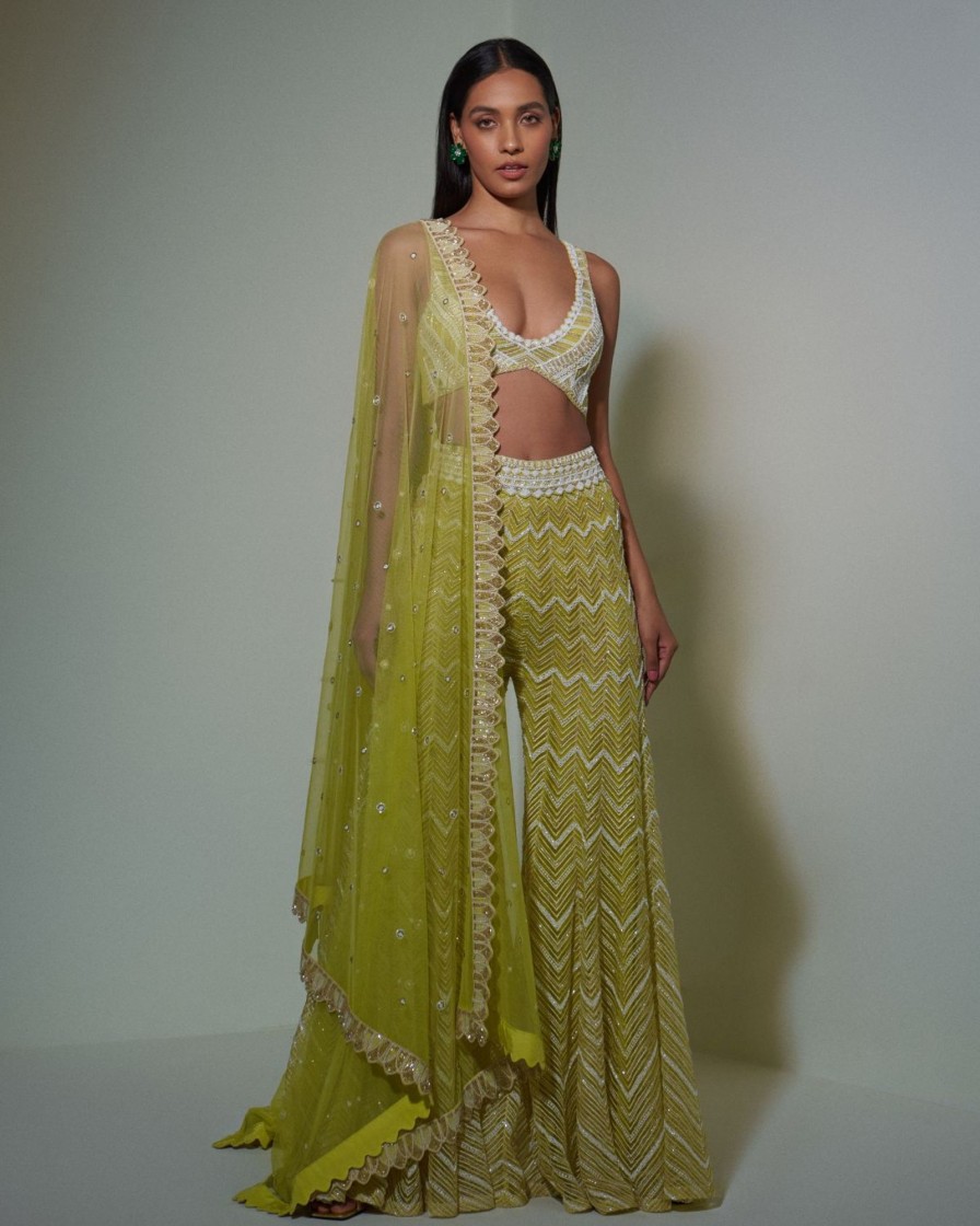 Bridal Ritika Mirchandani | Lime Green Embroidered Bustier Top And Sharara Set