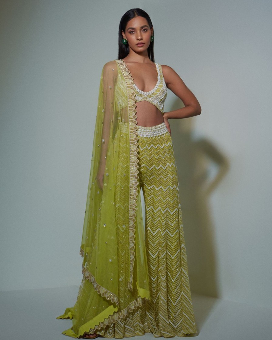 Bridal Ritika Mirchandani | Lime Green Embroidered Bustier Top And Sharara Set