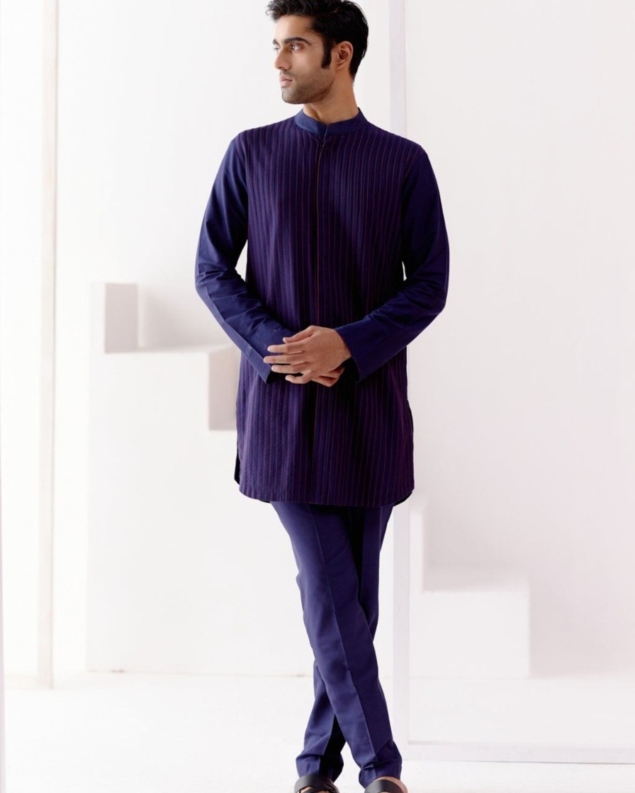 Mens Devnaagri Mens | Navy Cotton Silk Blend Pin Tucks Kurta Set