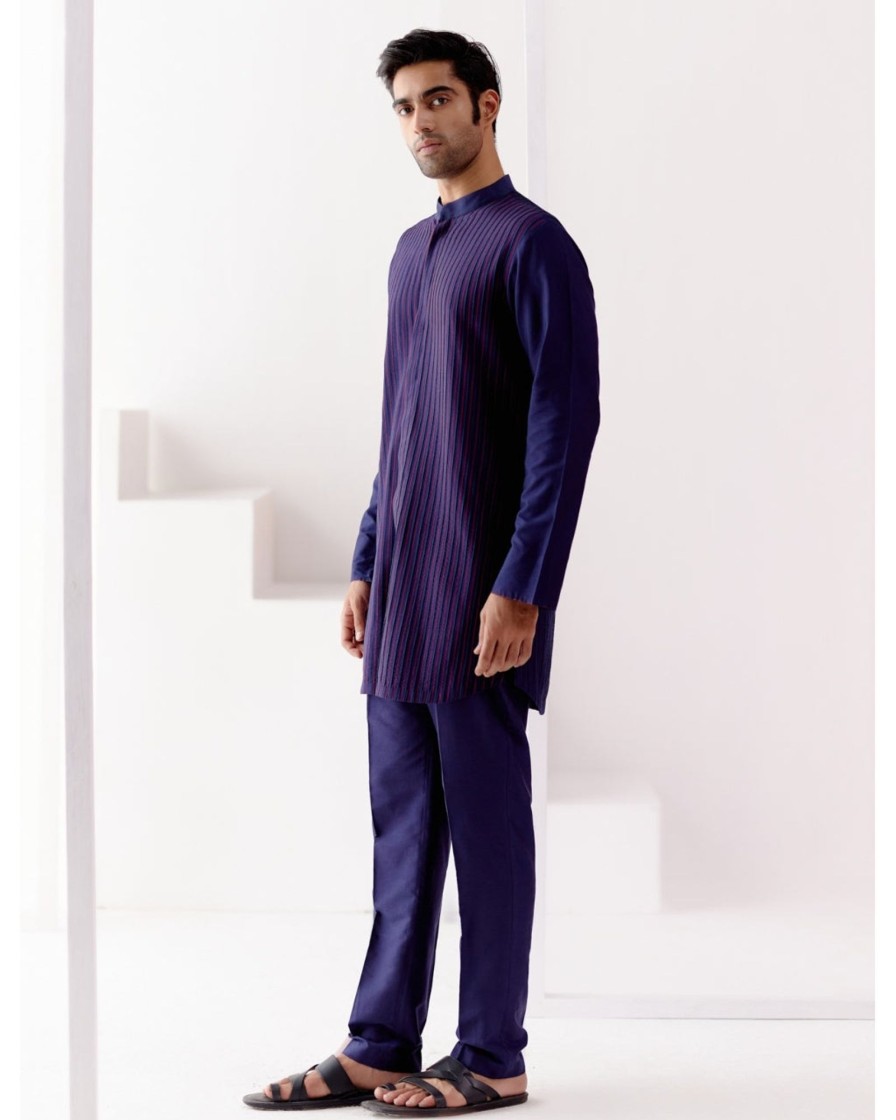 Mens Devnaagri Mens | Navy Cotton Silk Blend Pin Tucks Kurta Set