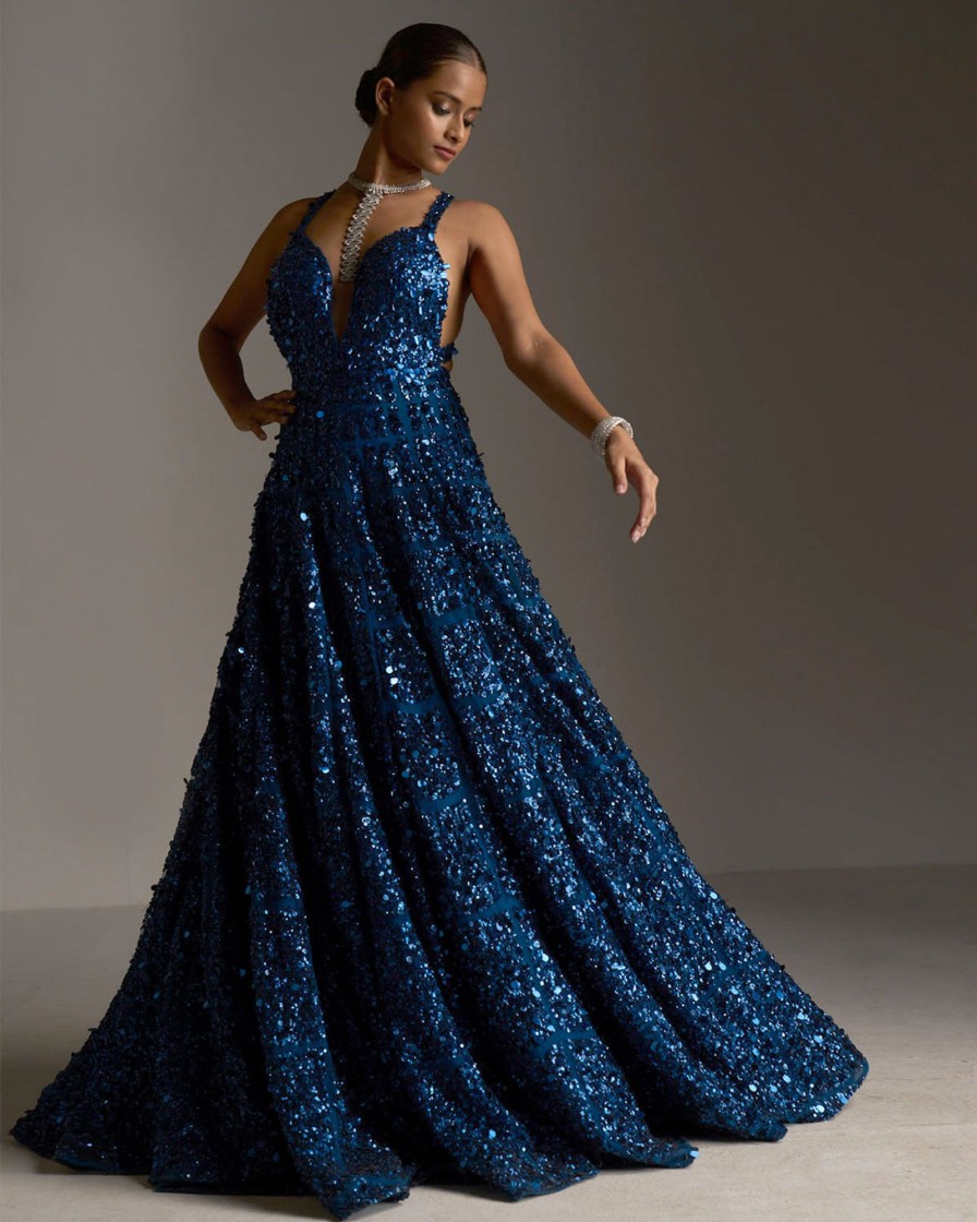 Womens Seema Gujral | Persian Blue Sequin Gown