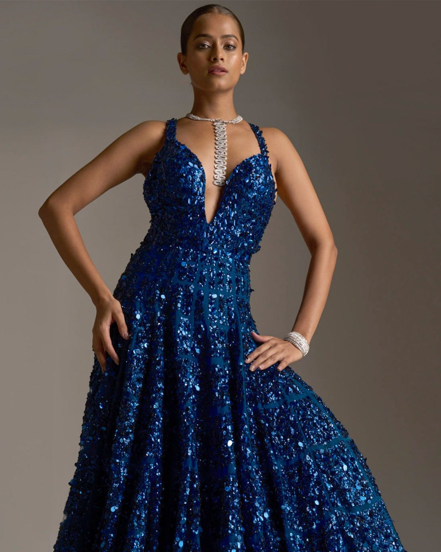 Womens Seema Gujral | Persian Blue Sequin Gown