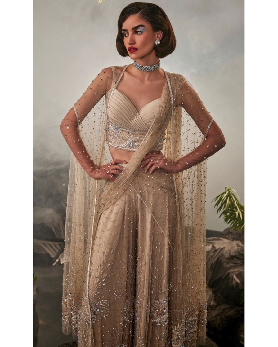 Womens Esha Sethi Thirani | Champagne Cape Sharara Sari Set