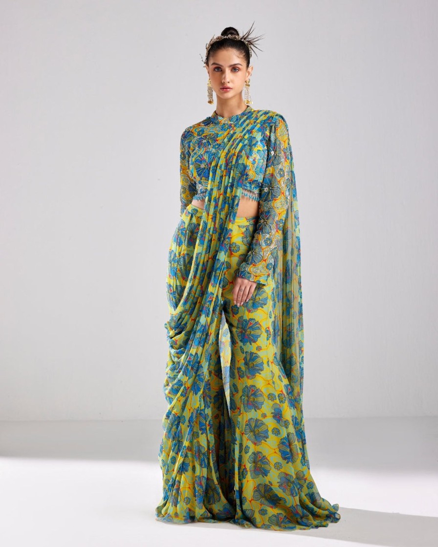 Womens Diya Rajvvir | Blue Printed U0026 Embroidered Pant Sari Set