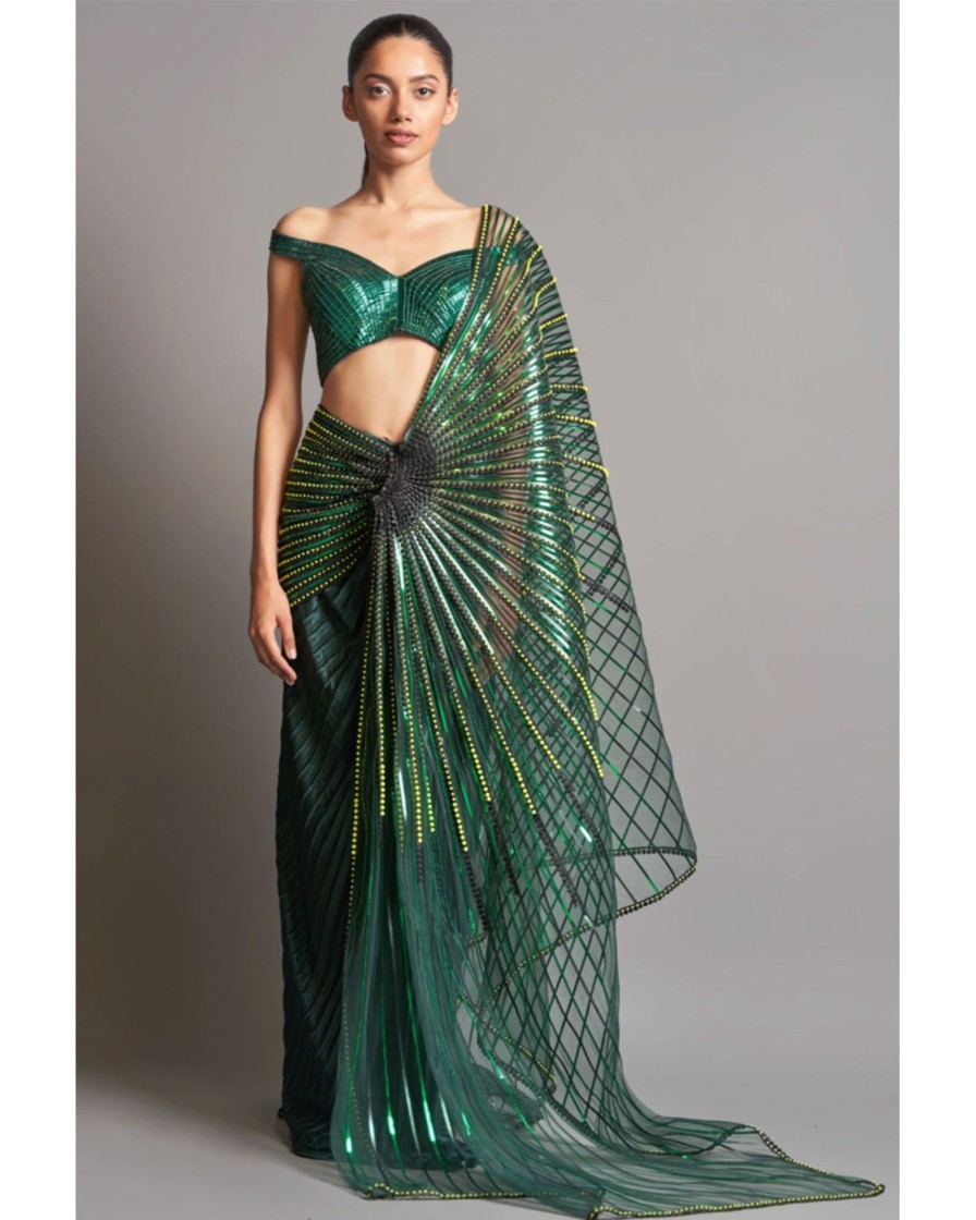 Bridal Amit Aggarwal | Emerald Metallic Winged Sari