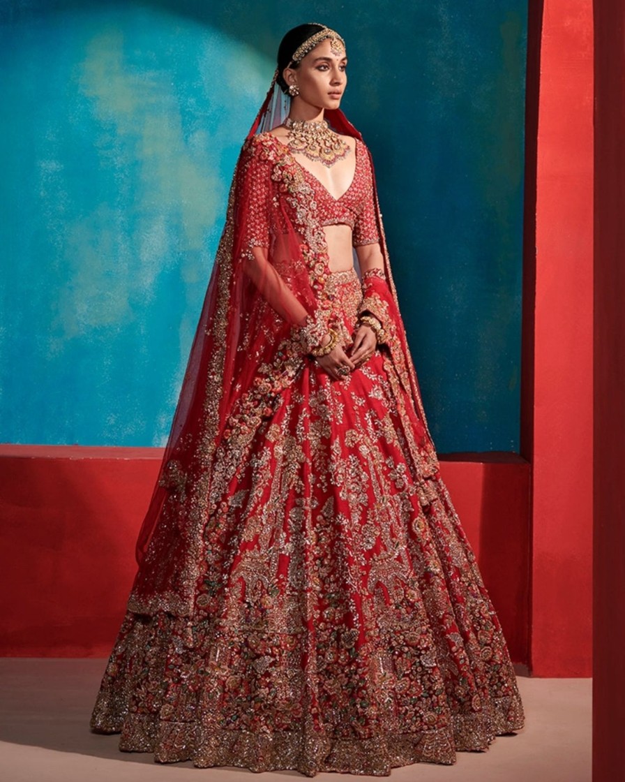 Womens Dolly J | Etta Carmine Red Floral Garden Bridal Lehenga Set