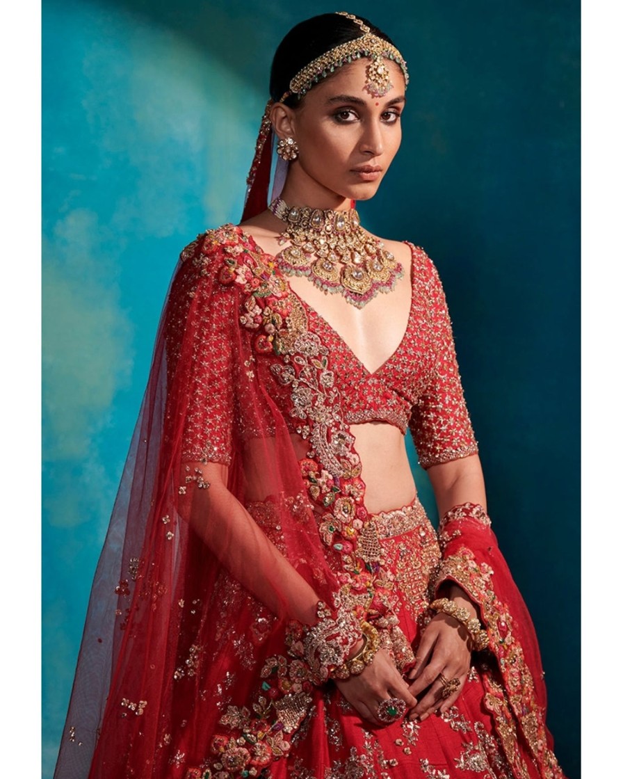 Womens Dolly J | Etta Carmine Red Floral Garden Bridal Lehenga Set