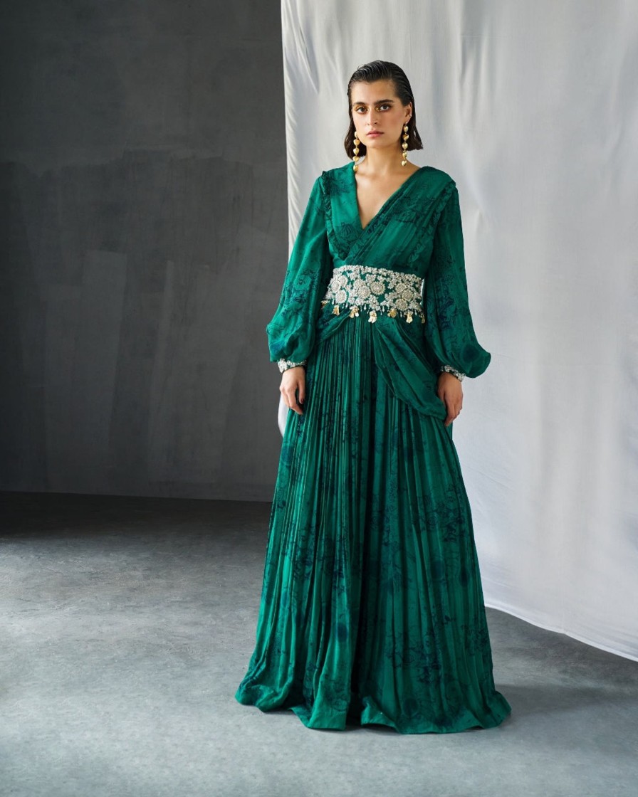 Womens Bhumika Sharma | Teal Blossom Palazzo Sari Set