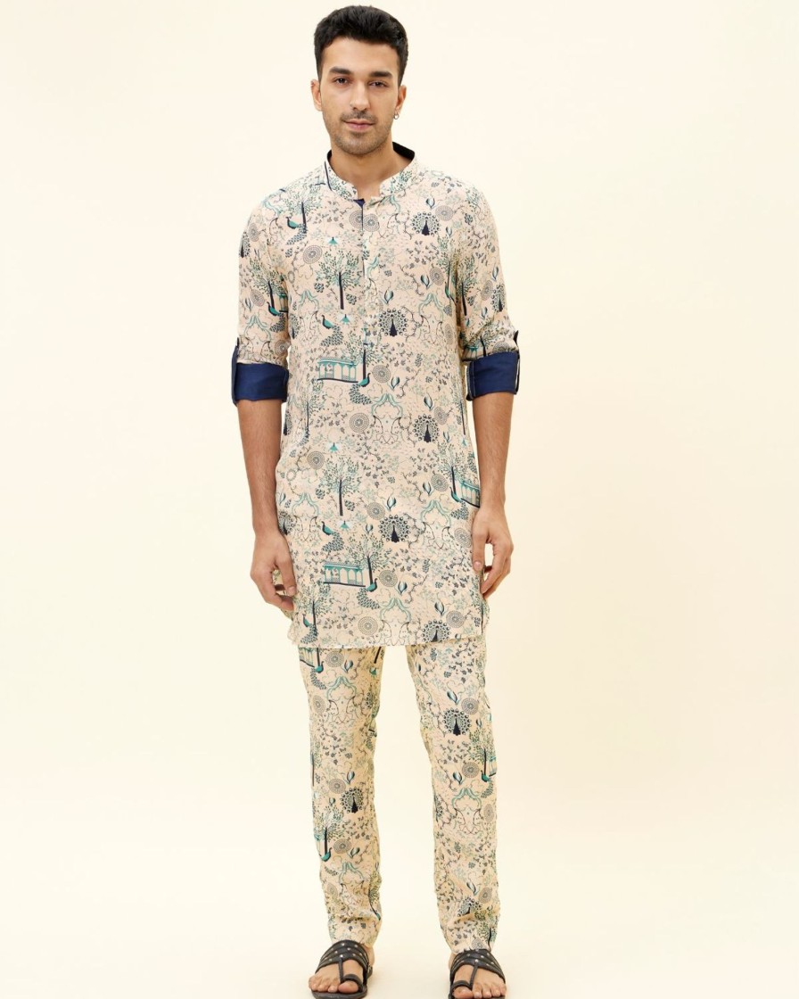 Mens SVA Menswear | Peacock Printed Short Kurta Set