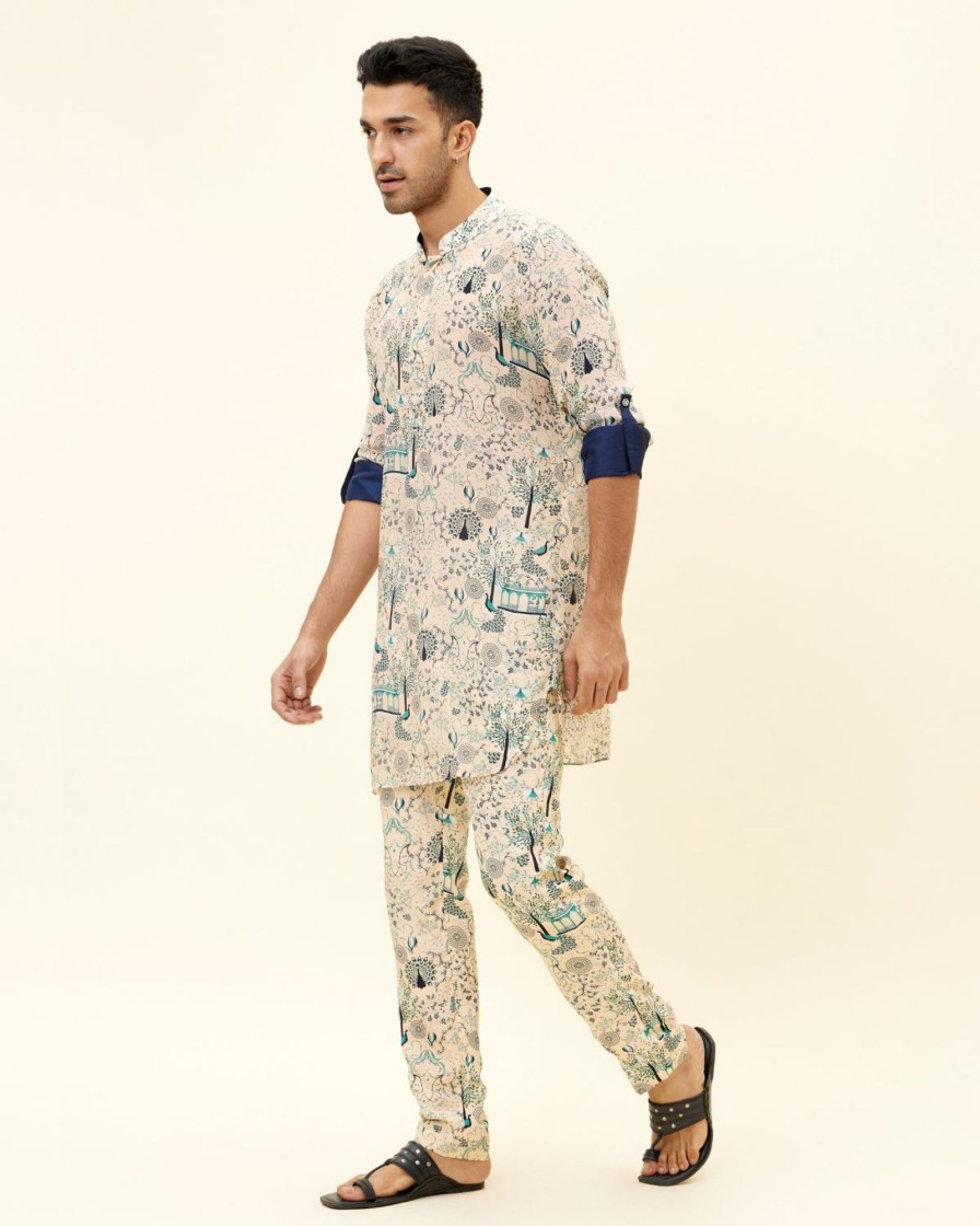 Mens SVA Menswear | Peacock Printed Short Kurta Set