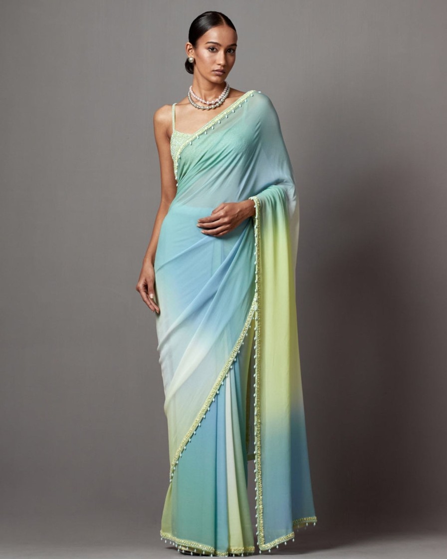 Womens Mala u0026 Kinnary | Lime Ombre Blue Green Sari Set