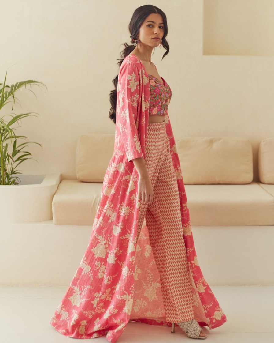 Womens Label Anushree | Coral Floral Printed Cape Set