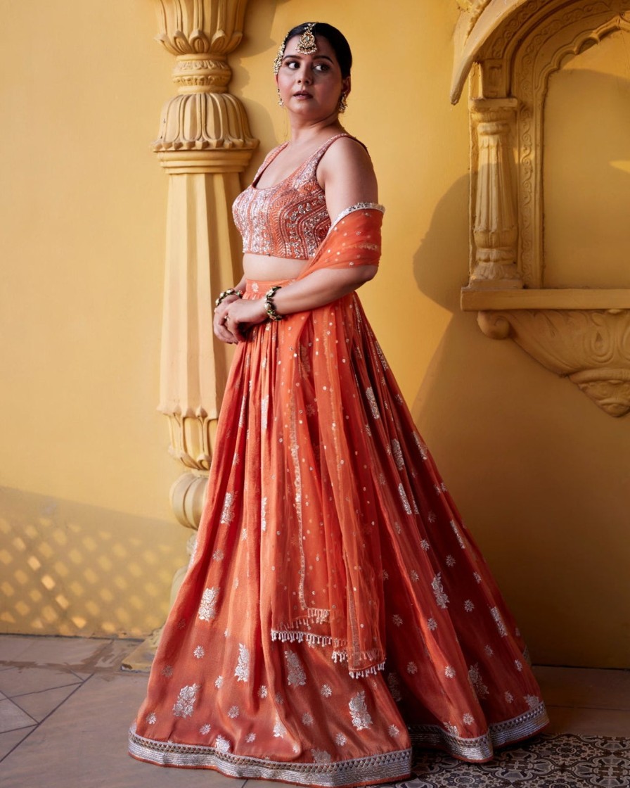 Womens Chamee and Palak | Rust Zest Jamewar Lehenga Set