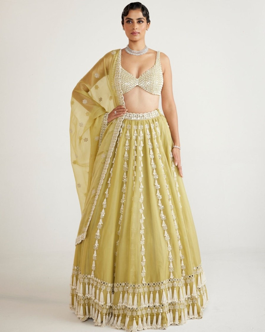 Womens Vvani by Vani Vats | Fern Green Chandelier Pearl Drop Lehenga Set