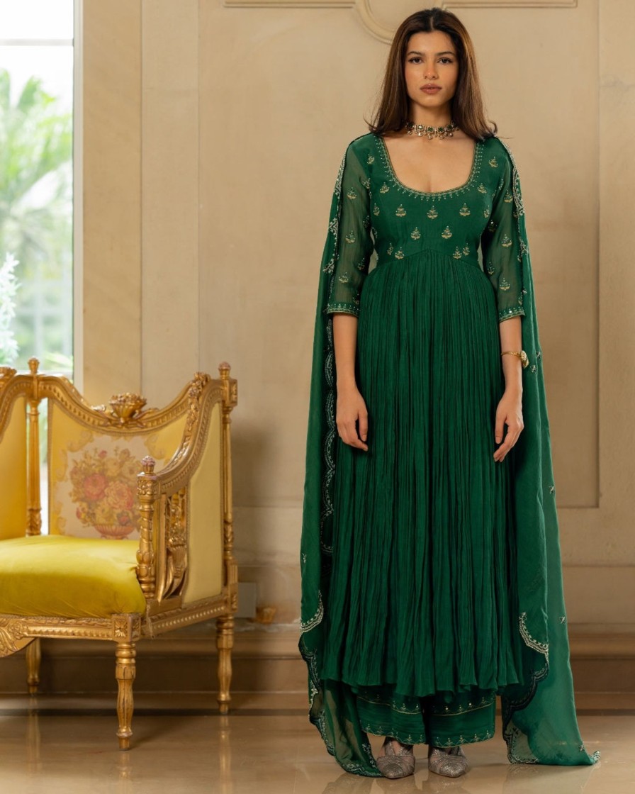 Womens Paulmi u0026 Harsh | Emerald Green Mallie Chanderi Anarkali Set