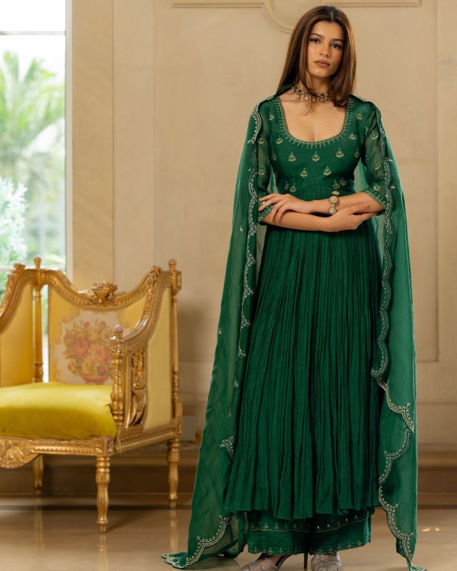 Womens Paulmi u0026 Harsh | Emerald Green Mallie Chanderi Anarkali Set