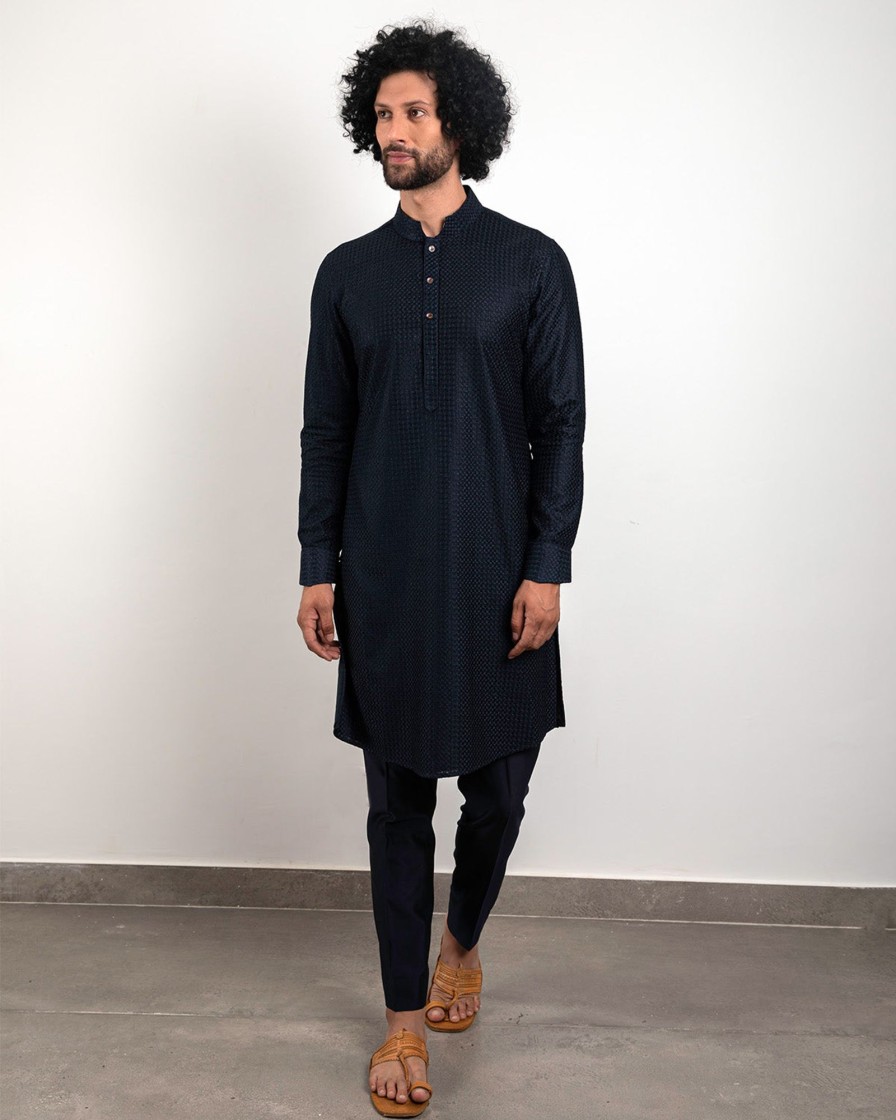 Mens Arjan Dugal | Navy Blue Chanderi Silk Kurta Set