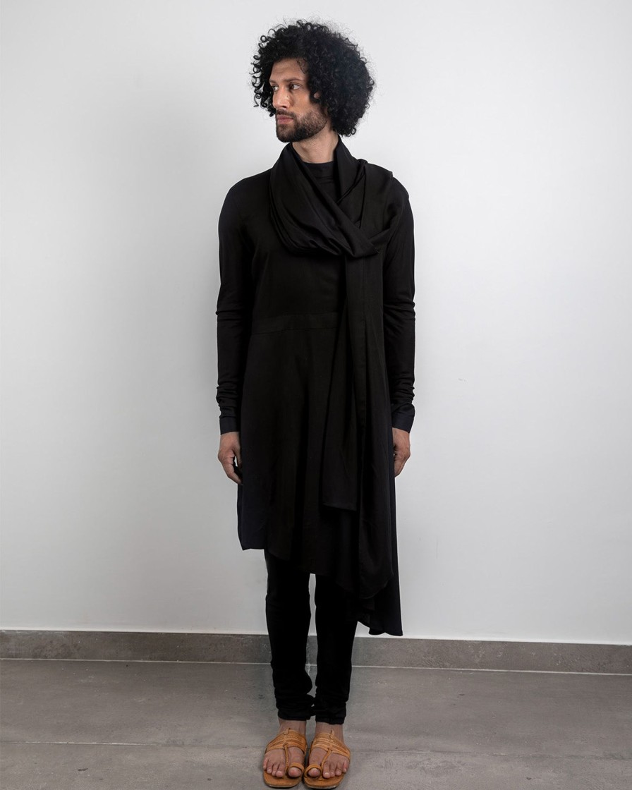 Mens Arjan Dugal | Black Asymmetric Kurta Set