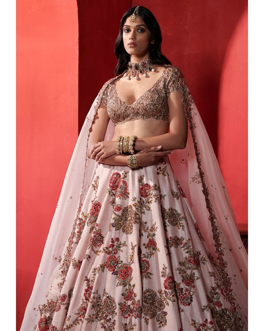 Bridal Dolly J | Leia Seashell Pink Big Floral Jaal Bridal Lehenga Set